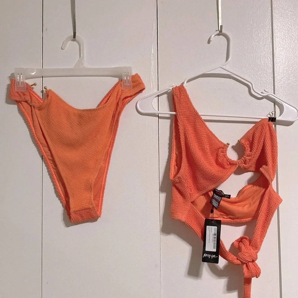 NASTY GAL Crinkle Sexy Cut Ring One Shoulder Bikini Orange Women Size 12